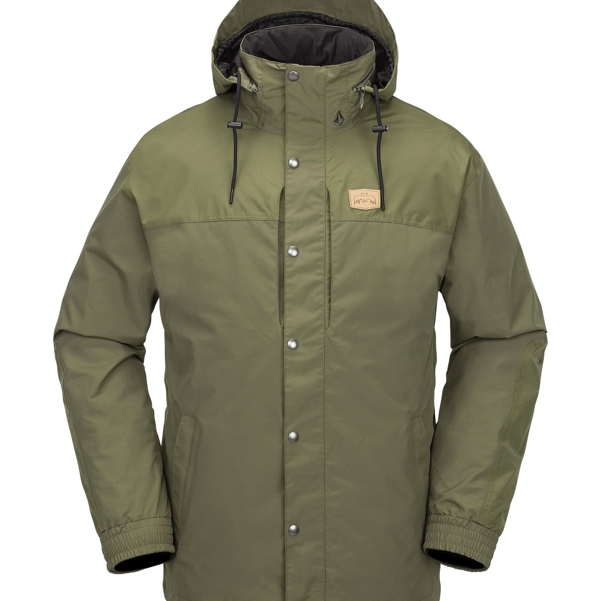 Volcom Longo GORE-TEX Jacket - A dark olive green jacket with a hood, featuring silver snap buttons and a tan logo patch on the left chest.