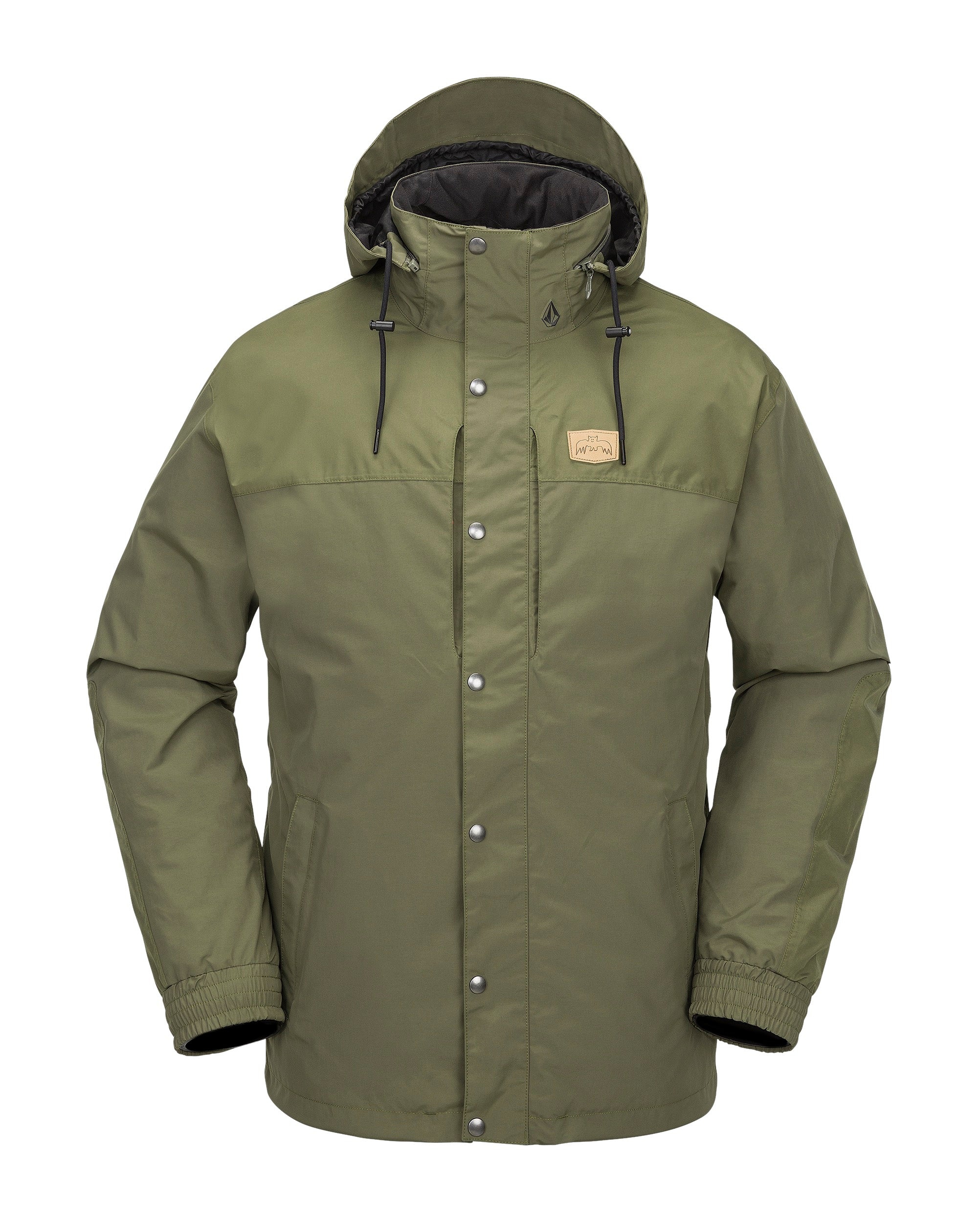 Volcom Longo GORE-TEX Jacket - A dark olive green jacket with a hood, featuring silver snap buttons and a tan logo patch on the left chest.