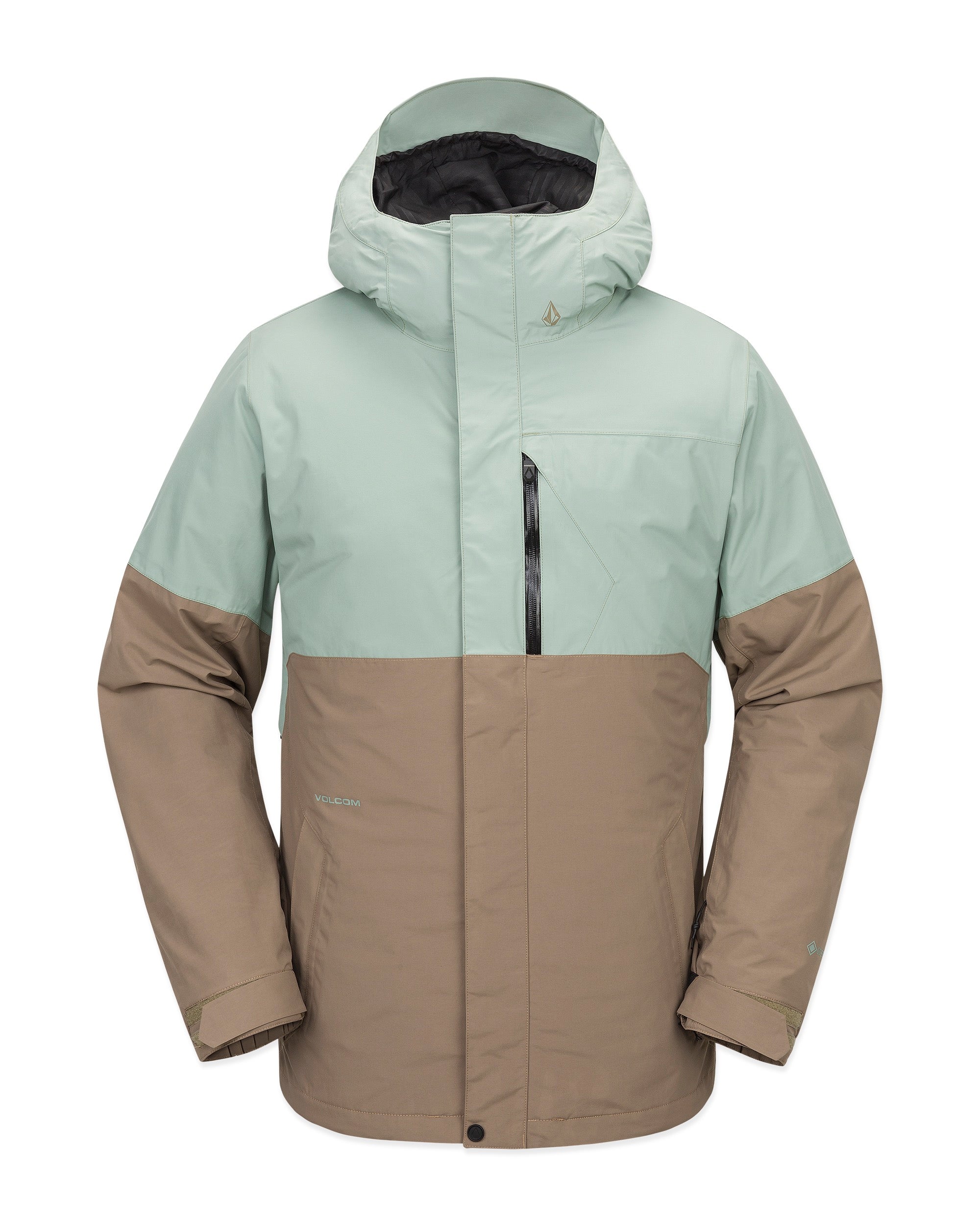 Volcom 2L Insulated GORE-TEX Jacket - A light blue and tan jacket with a hood, featuring a zippered chest pocket and a black zipper pull.