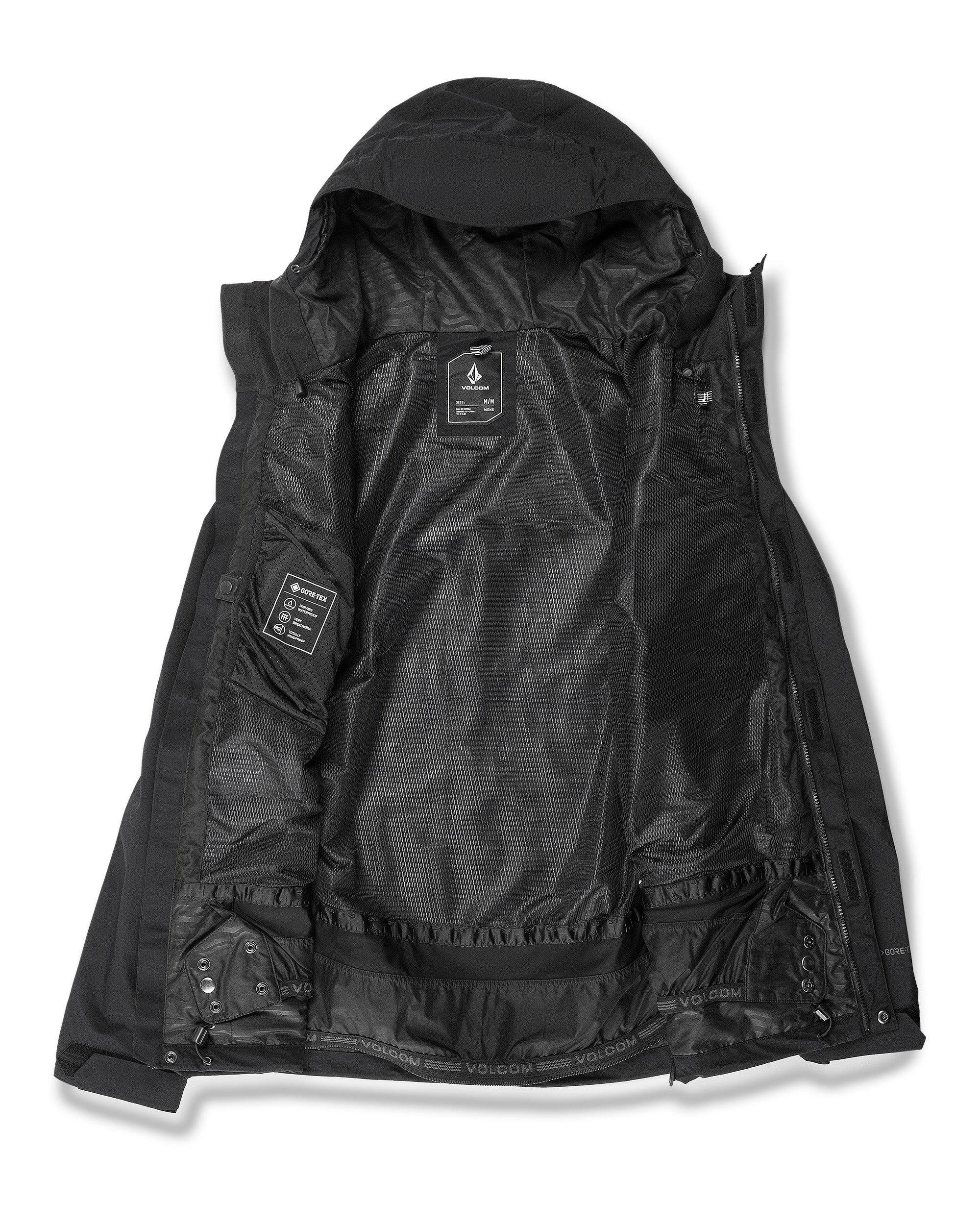 Volcom 2L Insulated GORE-TEX Jacket - A black jacket with a hood, featuring a zippered front and two pockets on either side.