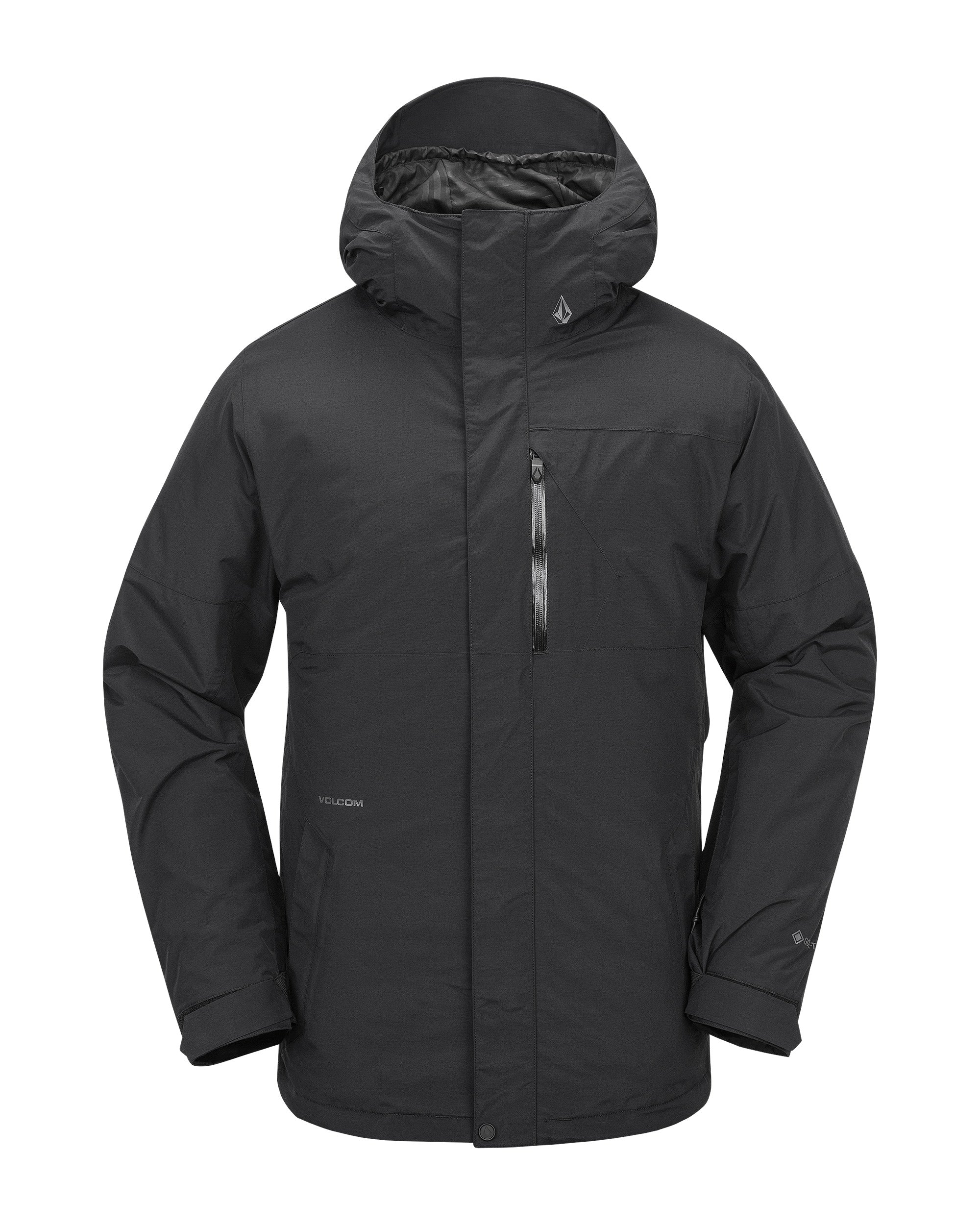 Volcom 2L Insulated GORE-TEX Jacket - A black jacket with a hood, featuring a zippered chest pocket and two side pockets.