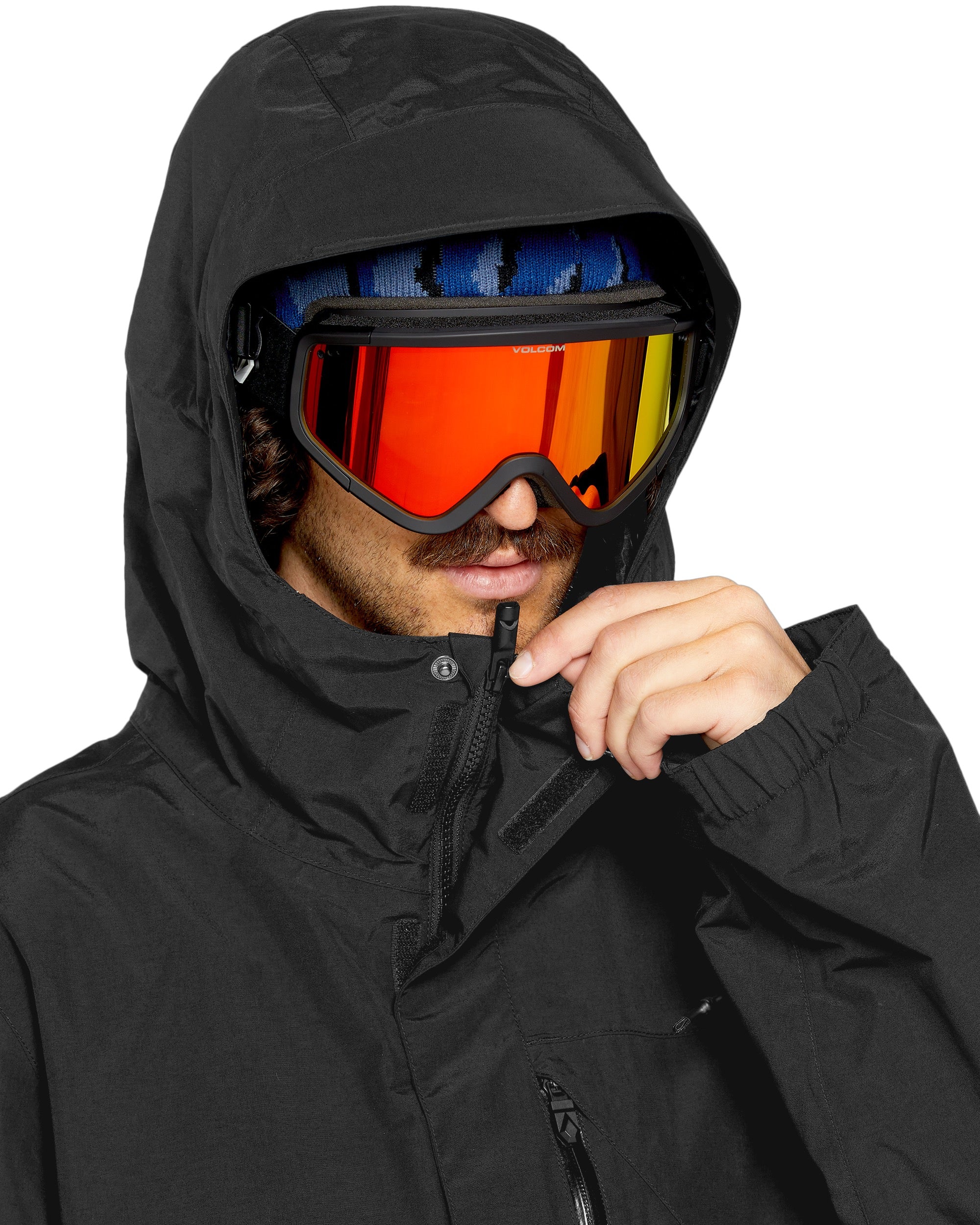 Volcom 2L Insulated GORE-TEX Jacket - A black jacket with a hood, featuring a zipper and two zippered pockets on the front.