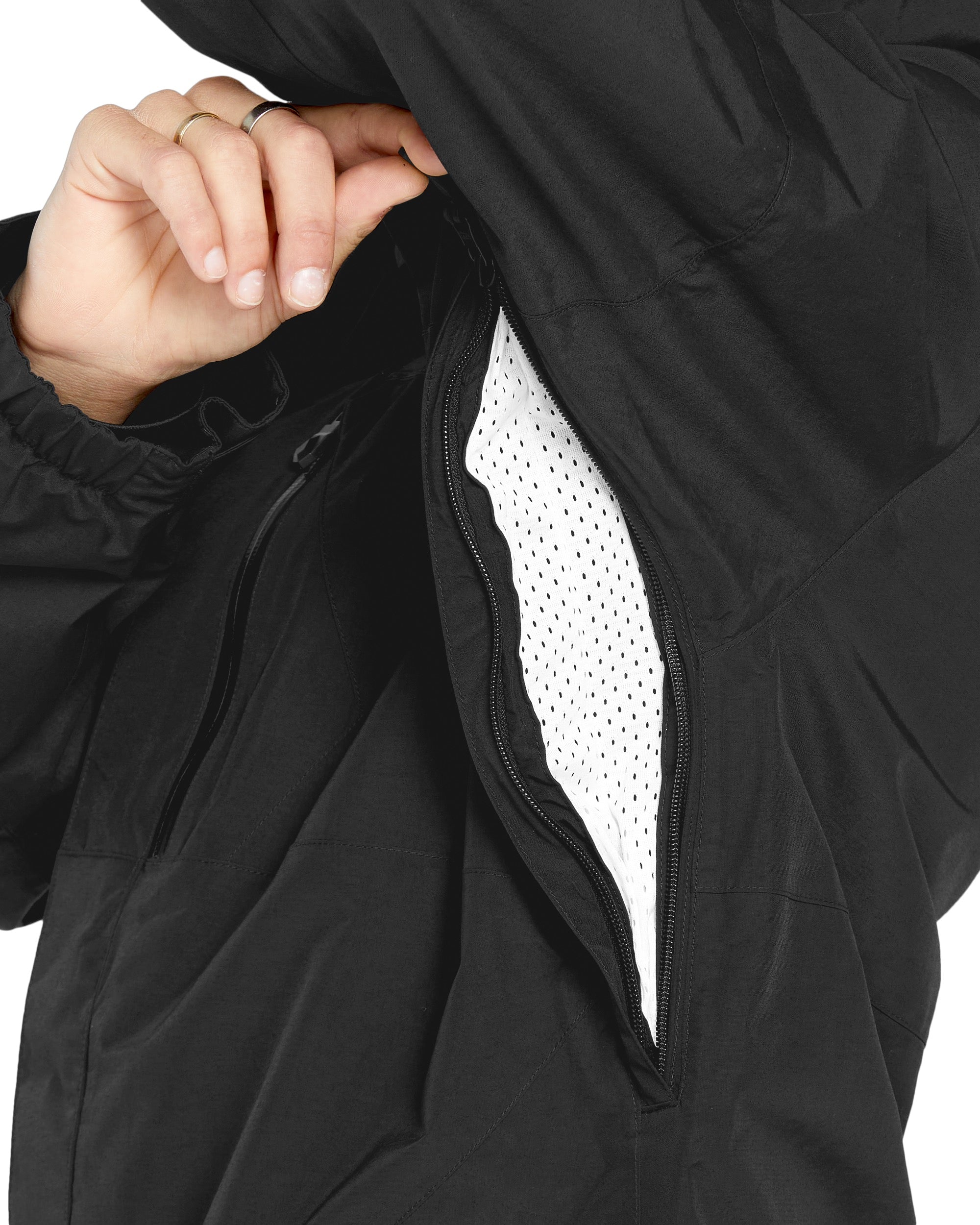 Volcom 2L Insulated GORE-TEX Jacket - A black jacket with a zippered front and two chest pockets, featuring a white logo on the left sleeve.