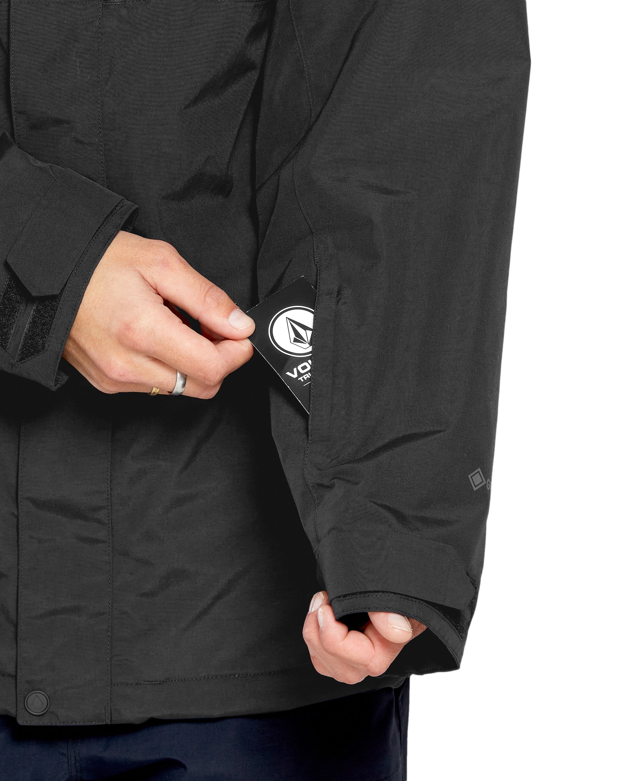 Volcom 2L Insulated GORE-TEX Jacket - A black jacket with a white logo on the left chest and a zipper closure.