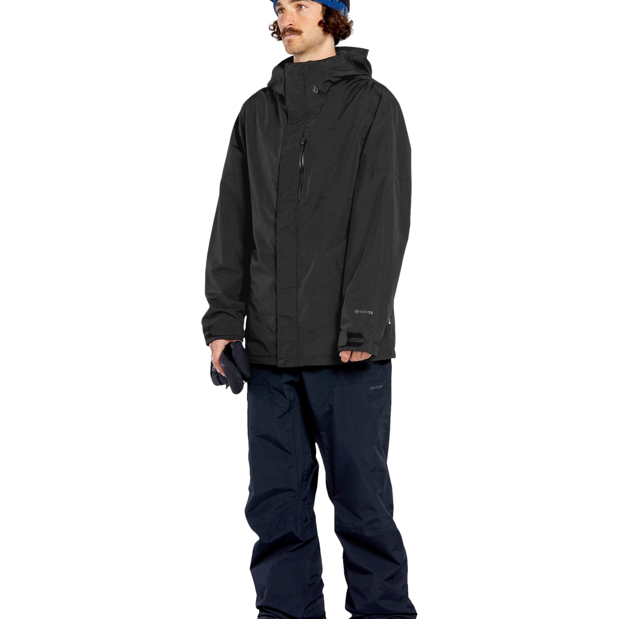 Volcom 2L Insulated GORE-TEX Jacket - A black jacket with a hood, featuring a zippered front and two side pockets.