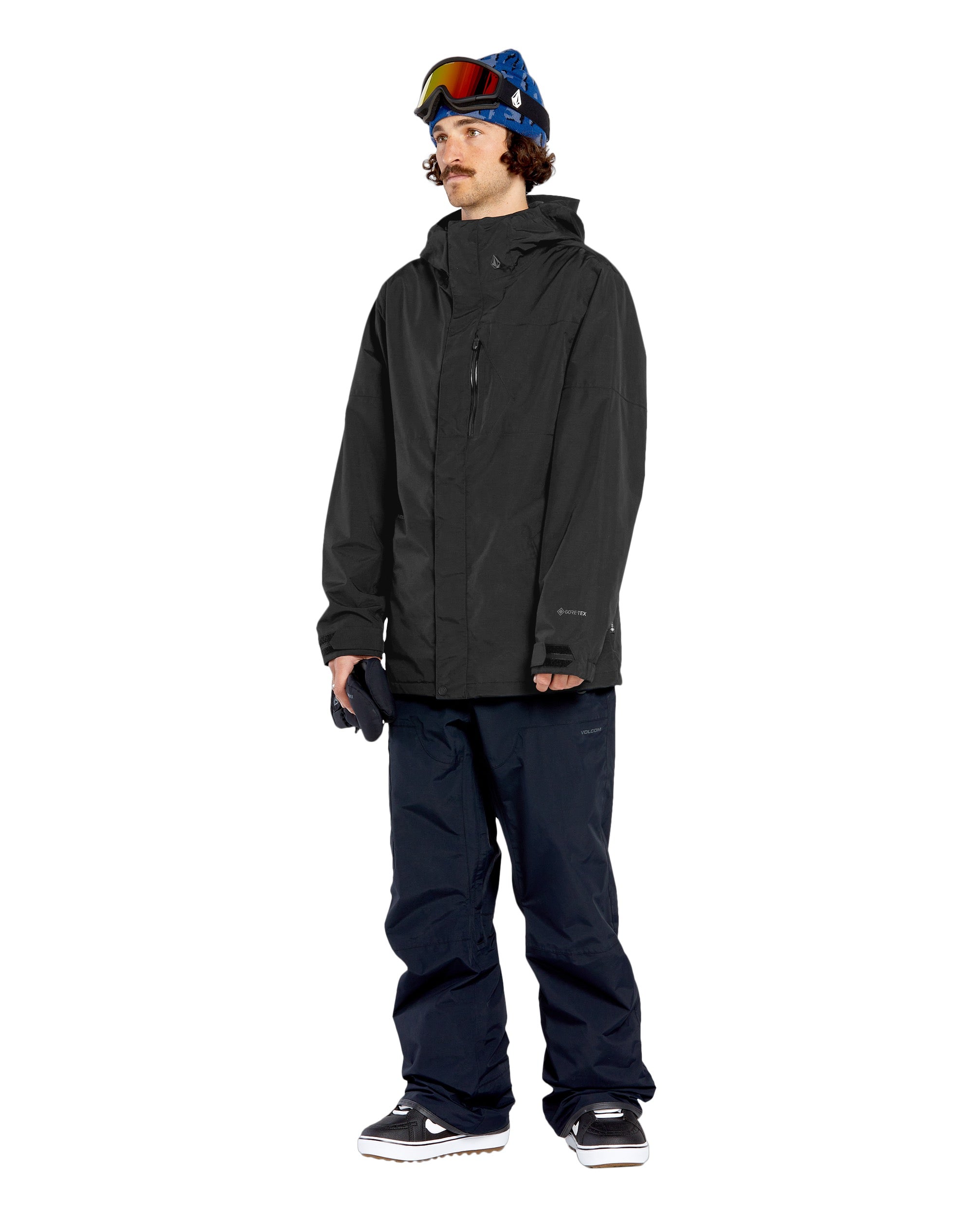 Volcom 2L Insulated GORE-TEX Jacket - A black jacket with a hood, featuring a zippered front and two side pockets.
