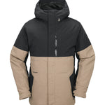 Volcom 2L Insulated GORE-TEX Jacket - A black and tan jacket with a hood, featuring a zippered chest pocket and two side pockets.