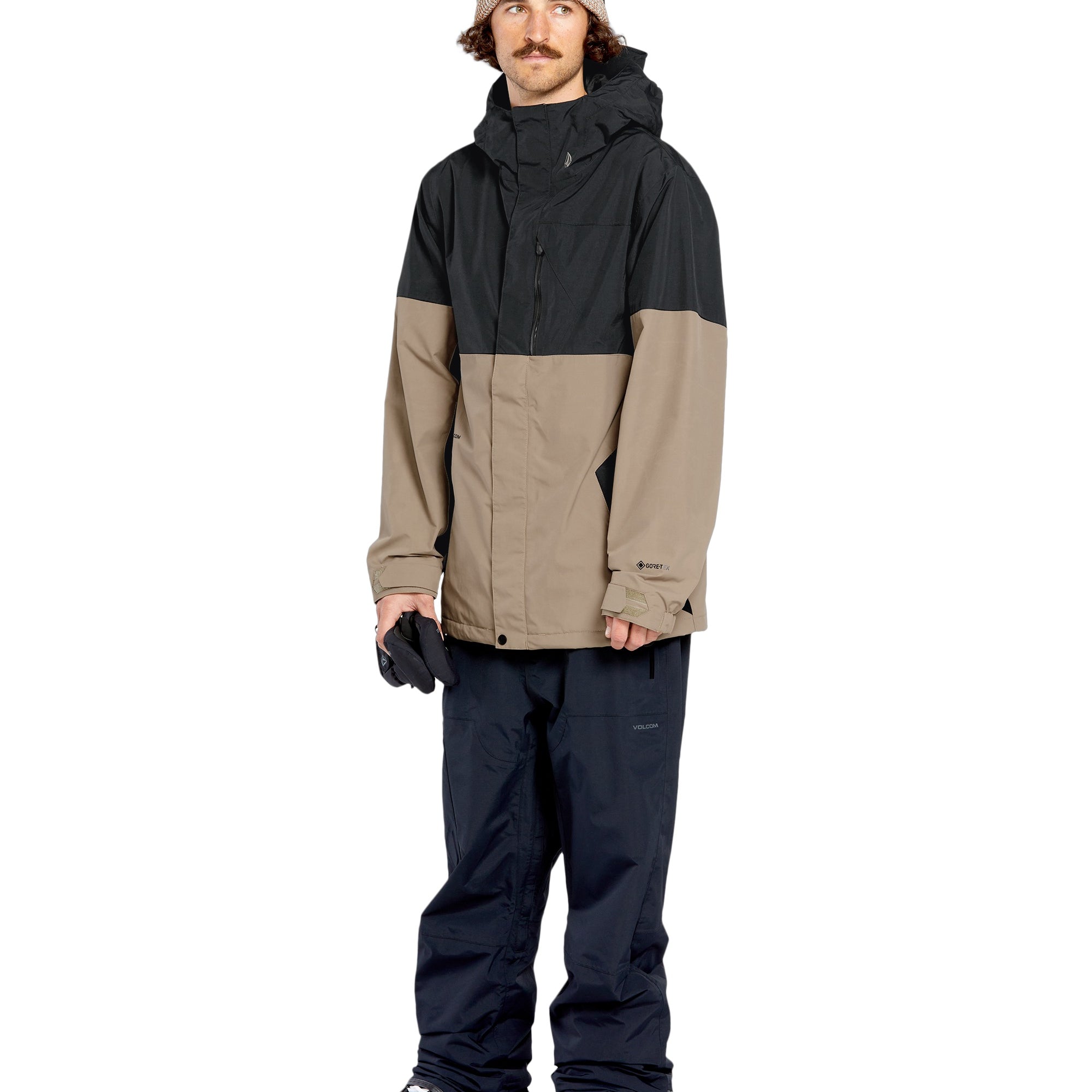 Volcom 2L Insulated GORE-TEX Jacket - A black and tan jacket with a hood, featuring a zippered front and two chest pockets.
