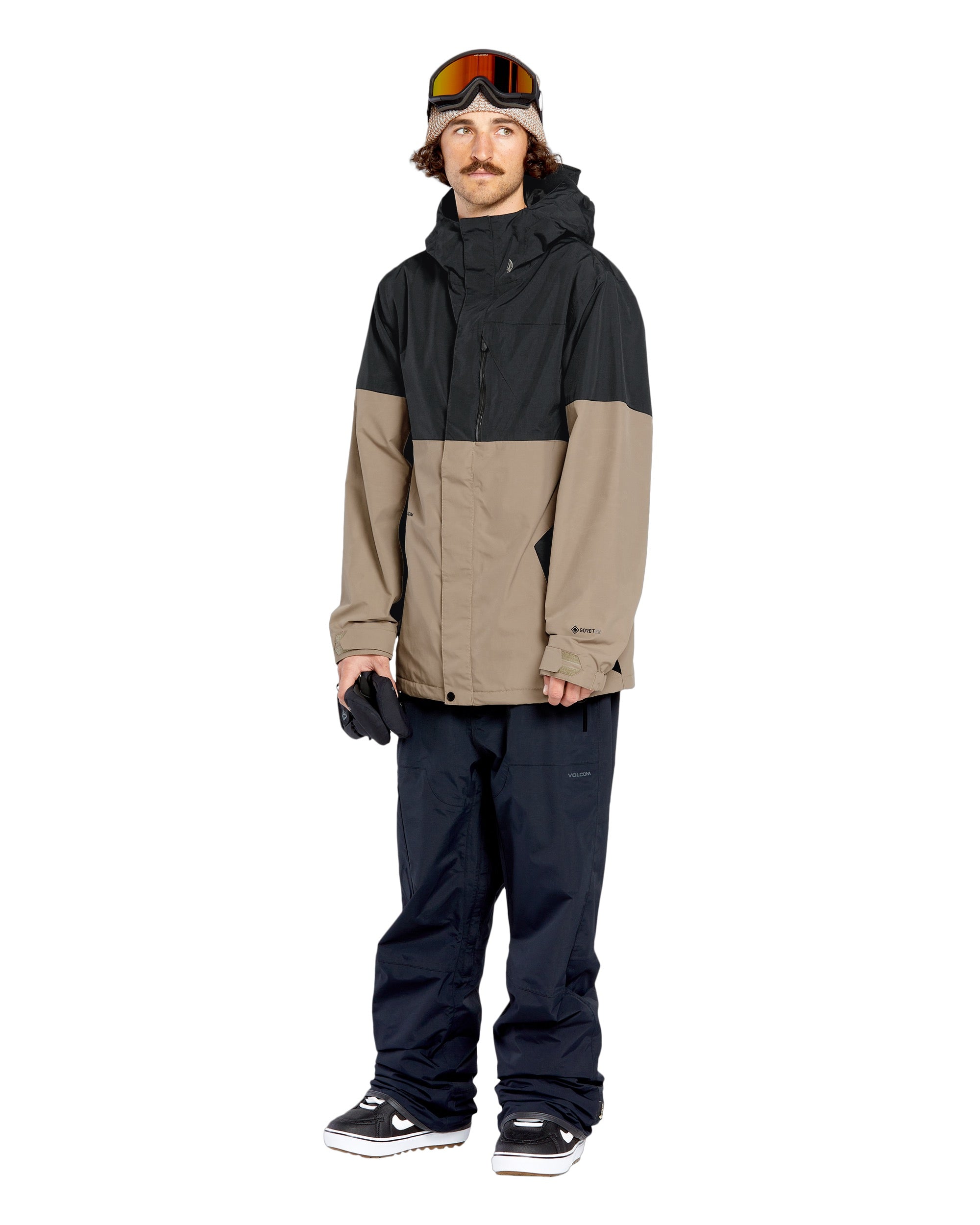 Volcom 2L Insulated GORE-TEX Jacket - A black and tan jacket with a hood, featuring a zippered front and two chest pockets.