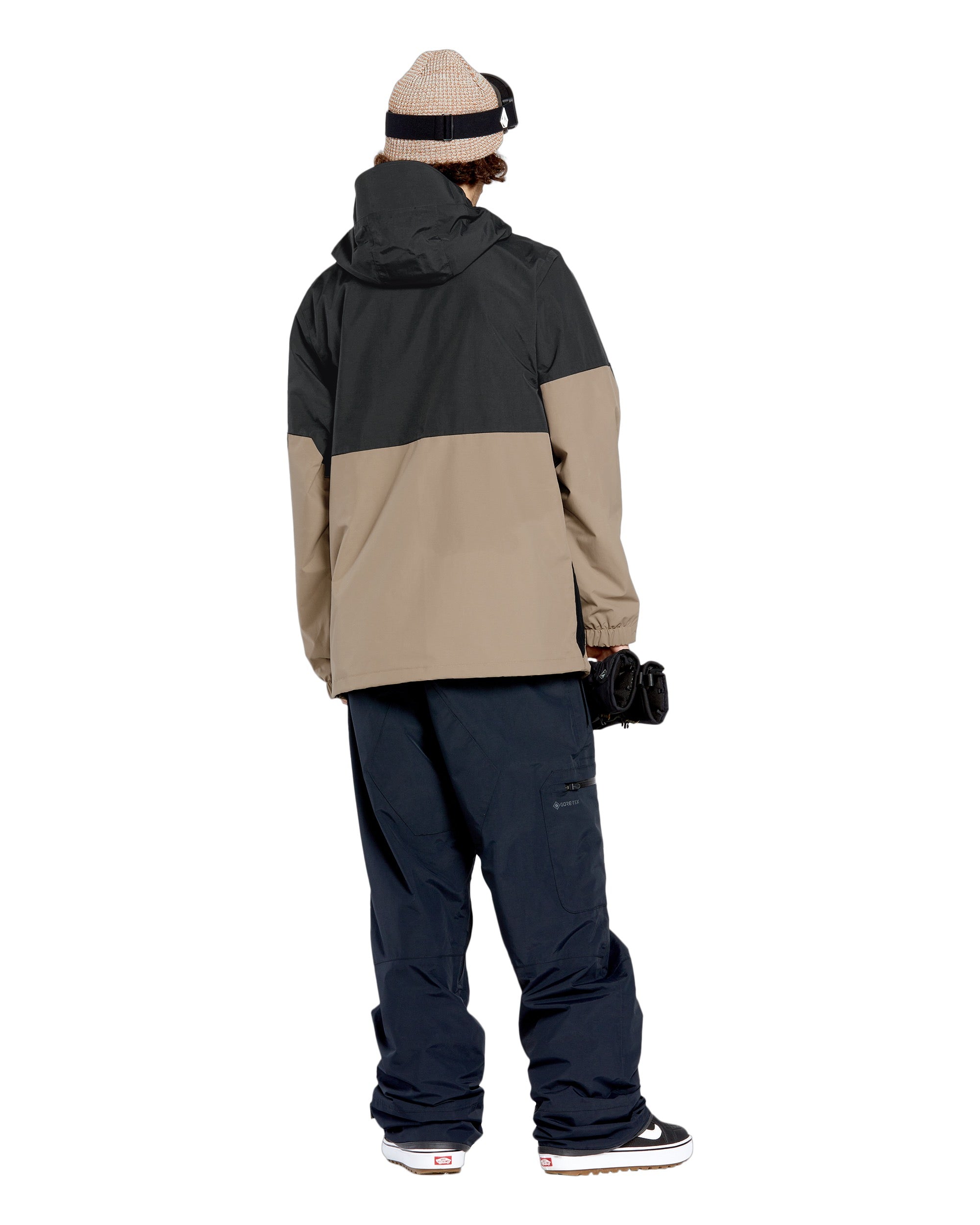 Volcom 2L Insulated GORE-TEX Jacket - A tan and black jacket with a hood, featuring two zippered pockets on the front.