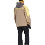 Volcom - A tan jacket with a gray hood, featuring yellow piping along the front and sleeves.