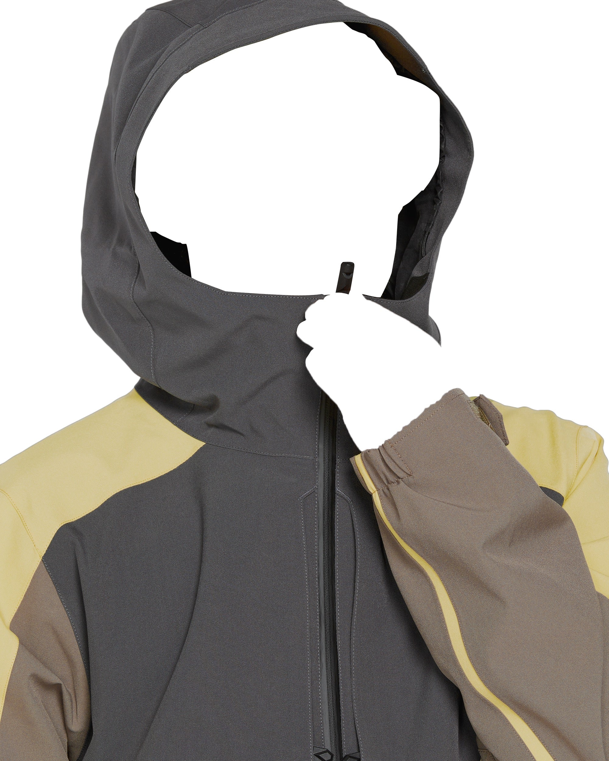 Volcom Brighton Pullover Jacket 2025 - A dark gray jacket with a hood and zippered front, featuring yellow accents on the sleeves.