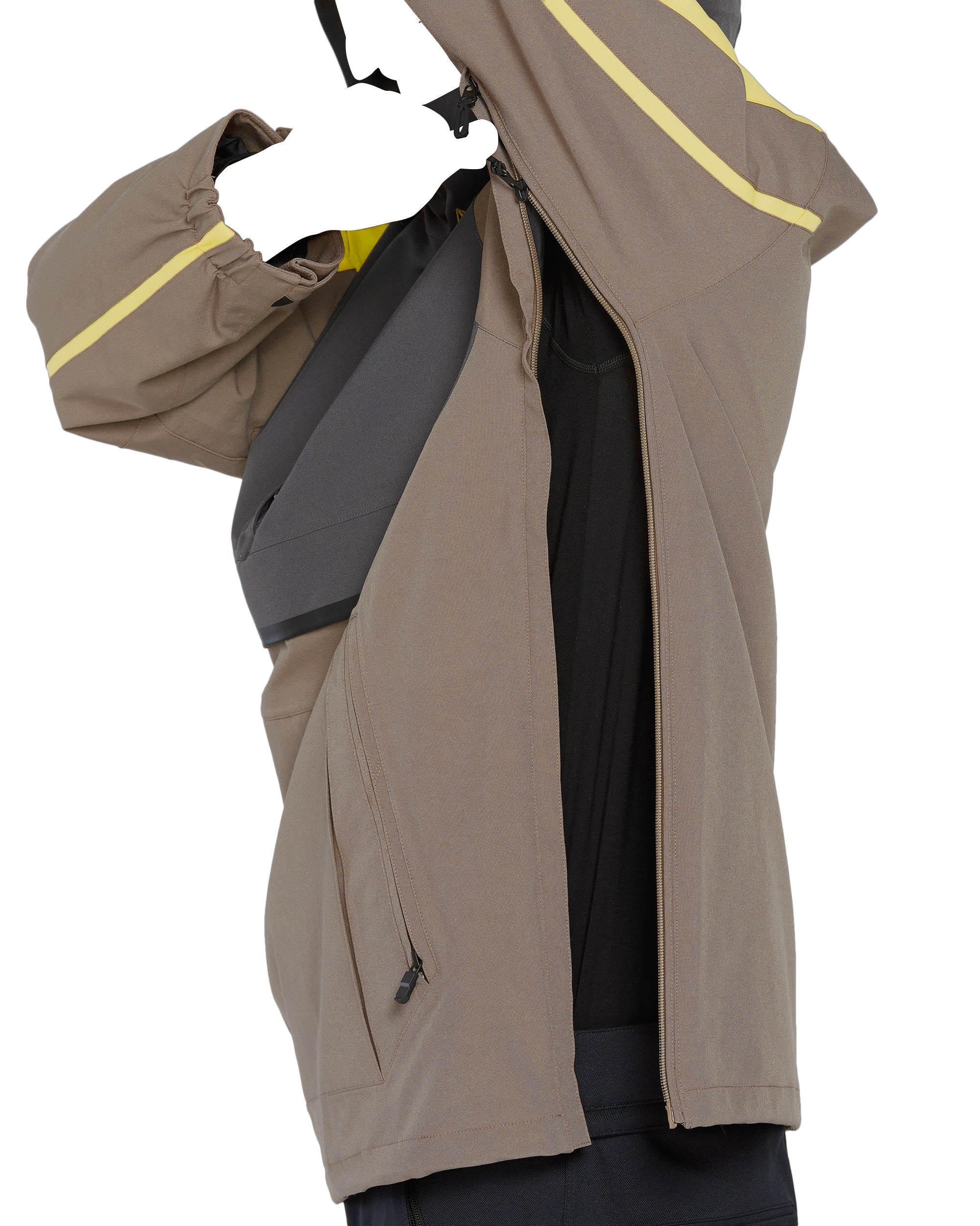 Volcom Brighton Pullover Jacket - A tan jacket with a yellow stripe on the left sleeve and black accents around the hood.