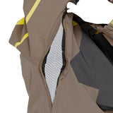 Volcom Brighton Pullover Jacket 2025 - A tan-colored jacket with yellow stripes on the sleeves and a zipper down the front.