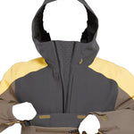 Volcom Brighton Pullover Jacket 2025 - A dark gray jacket with a hood, featuring yellow accents on the shoulders and chest.
