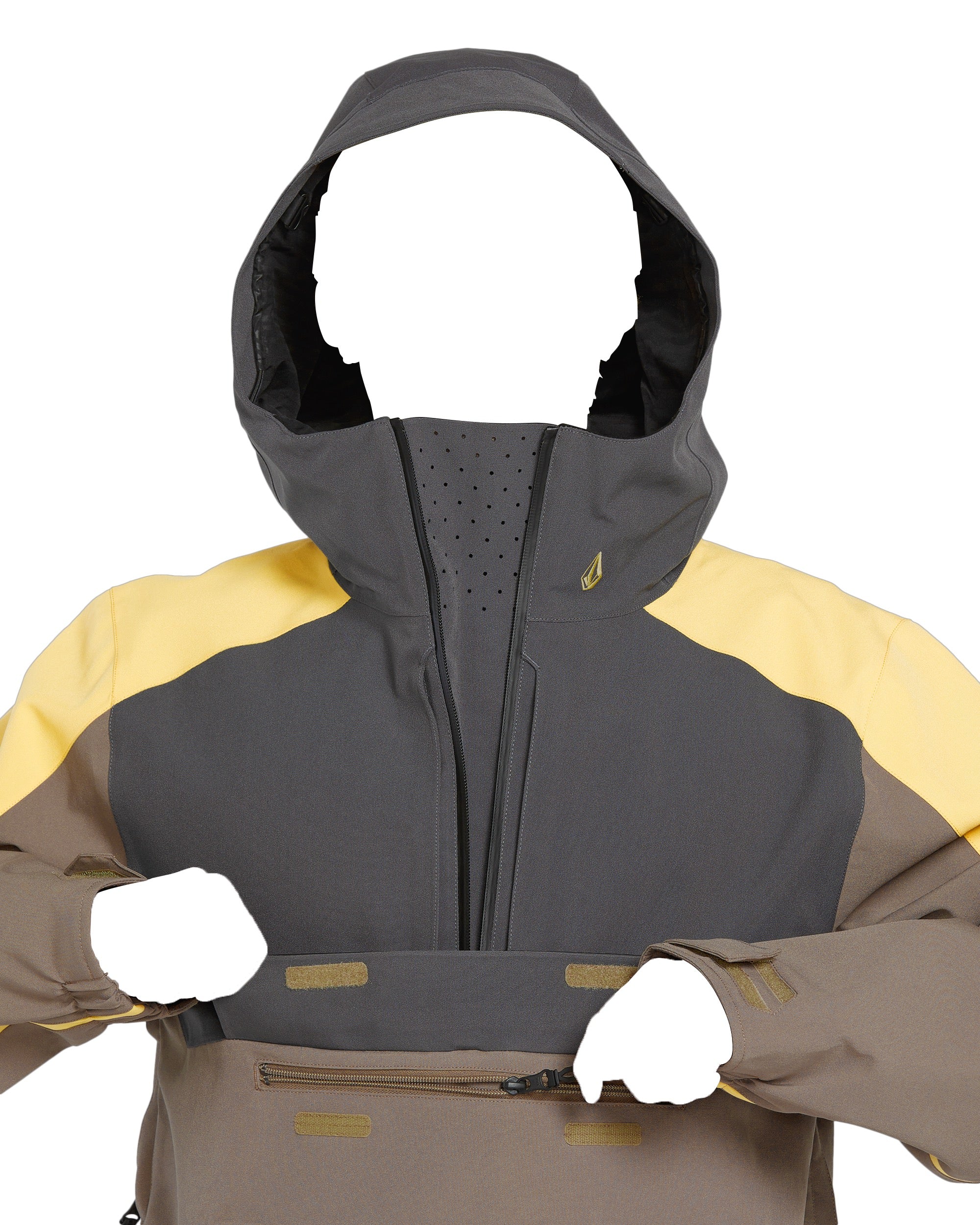 Volcom Brighton Pullover Jacket 2025 - A dark gray jacket with a hood, featuring yellow accents on the shoulders and chest.