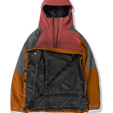 Volcom Brighton Pullover Jacket 2025 - A red, gray, and orange jacket with a hood, featuring a zipper down the front.