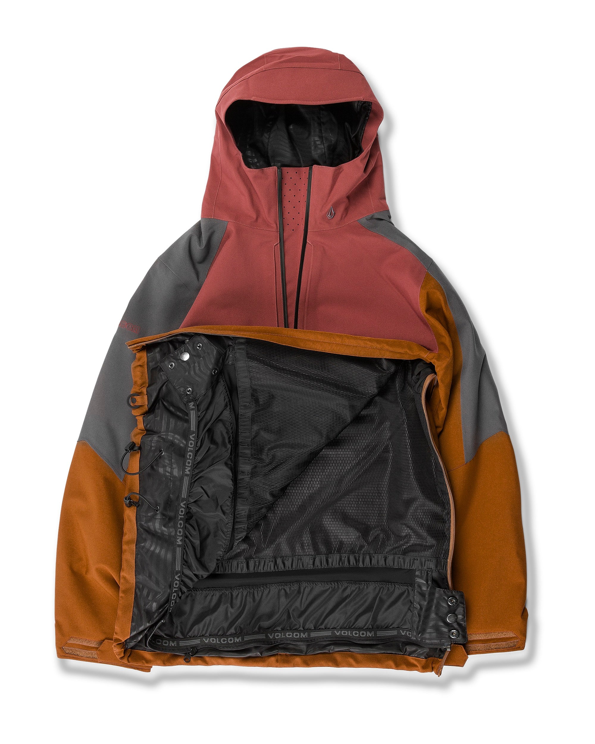 Volcom Brighton Pullover Jacket 2025 - A red, gray, and orange jacket with a hood, featuring a zipper down the front.