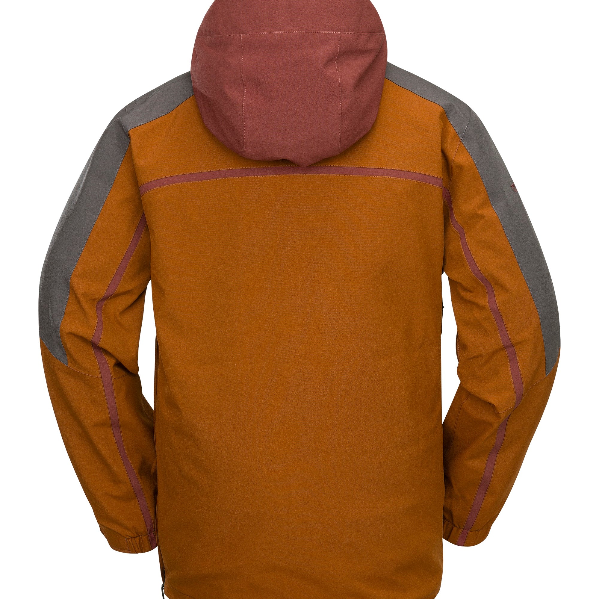 Volcom Brighton Pullover Jacket 2025 - A burnt orange jacket with a hood, featuring grey accents on the shoulders and chest.