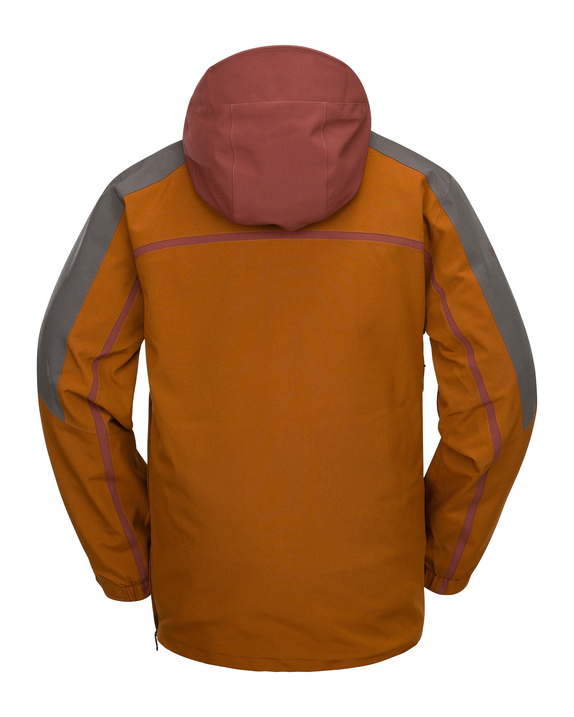 Volcom Brighton Pullover Jacket 2025 - A burnt orange jacket with a hood, featuring grey accents on the shoulders and chest.