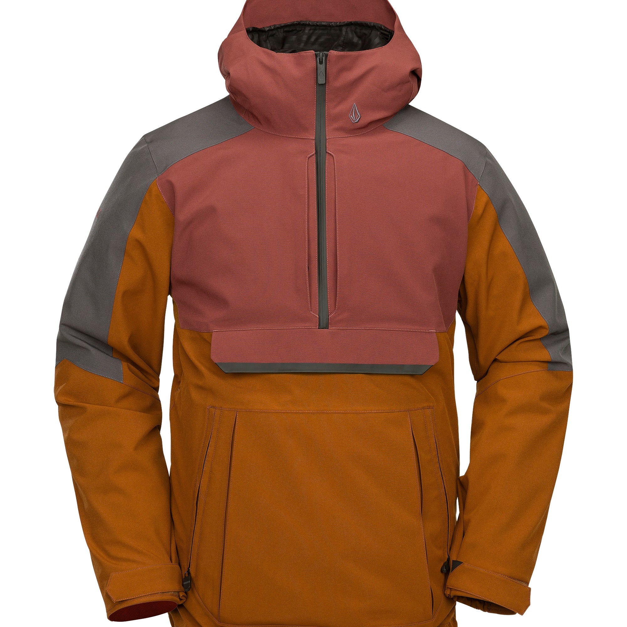 Volcom - Bright red jacket with gray accents on sleeves, hood, and chest pocket.