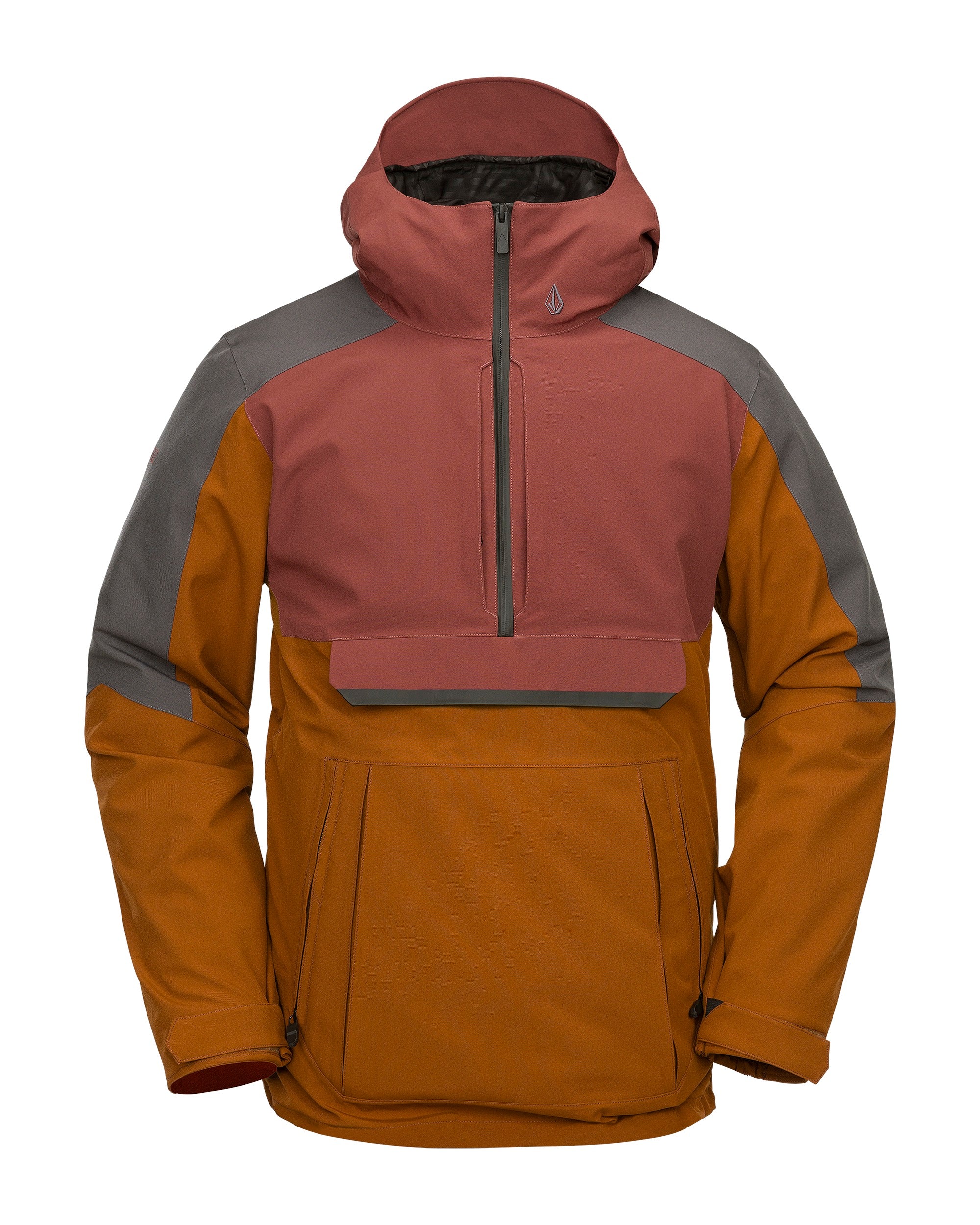 Volcom - Bright red jacket with gray accents on sleeves, hood, and chest pocket.