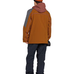 Volcom Brighton Pullover Jacket - A brown jacket with a grey chevron pattern on the left sleeve and a red hood.