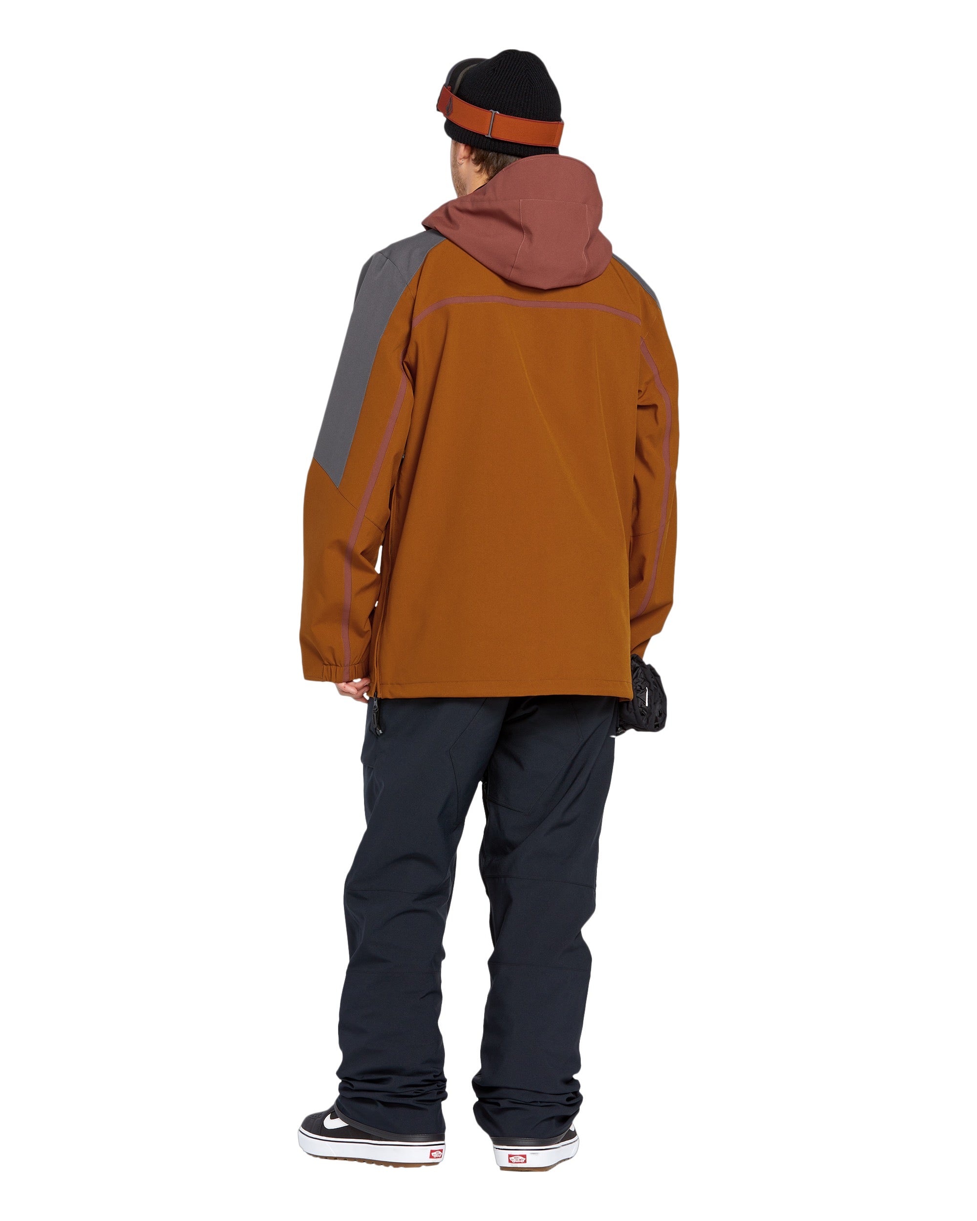 Volcom Brighton Pullover Jacket - A brown jacket with a grey chevron pattern on the left sleeve and a red hood.