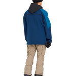 Volcom - A navy blue pullover jacket with a black hood, featuring a diagonal stripe on the right sleeve in a lighter shade of blue.