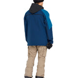 Volcom - A navy blue pullover jacket with a black hood, featuring a diagonal stripe on the right sleeve in a lighter shade of blue.