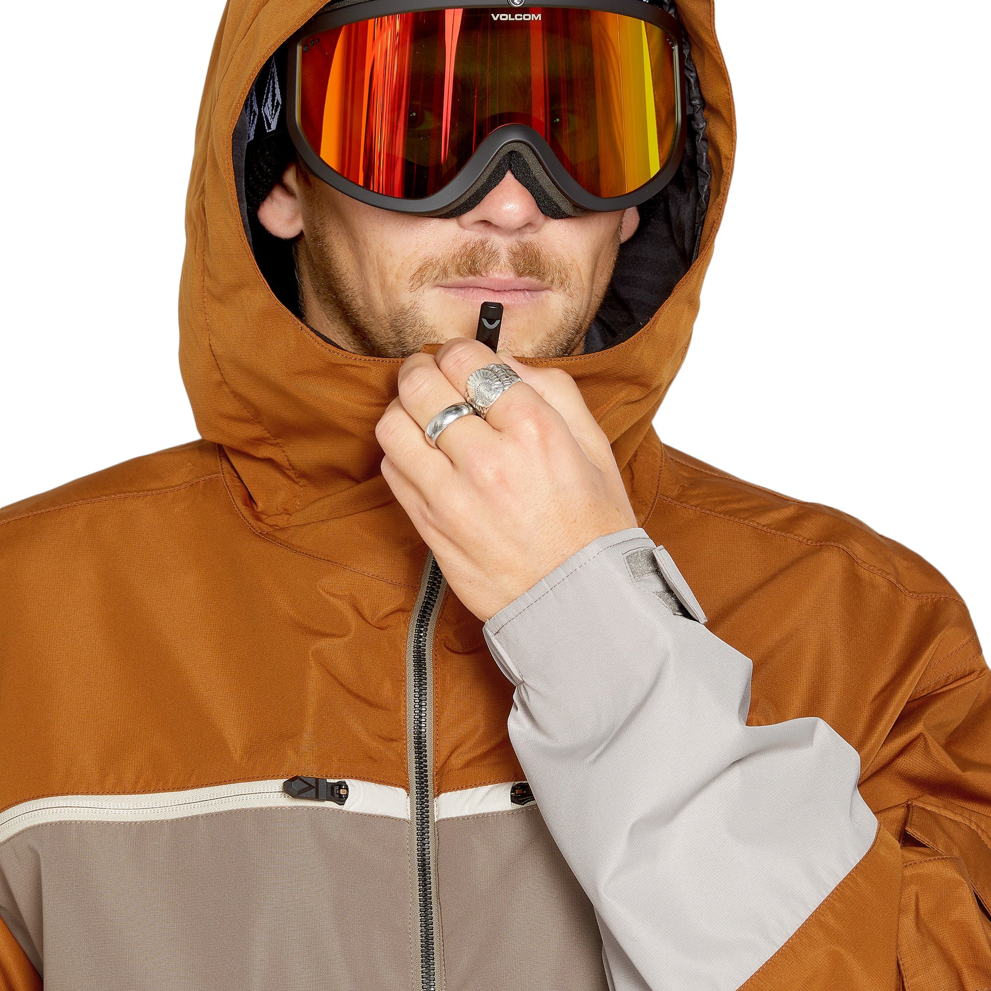 Volcom Nightbreaker 20K Jacket - A brown jacket with a hood, featuring a black zipper and two zippered pockets on the front.