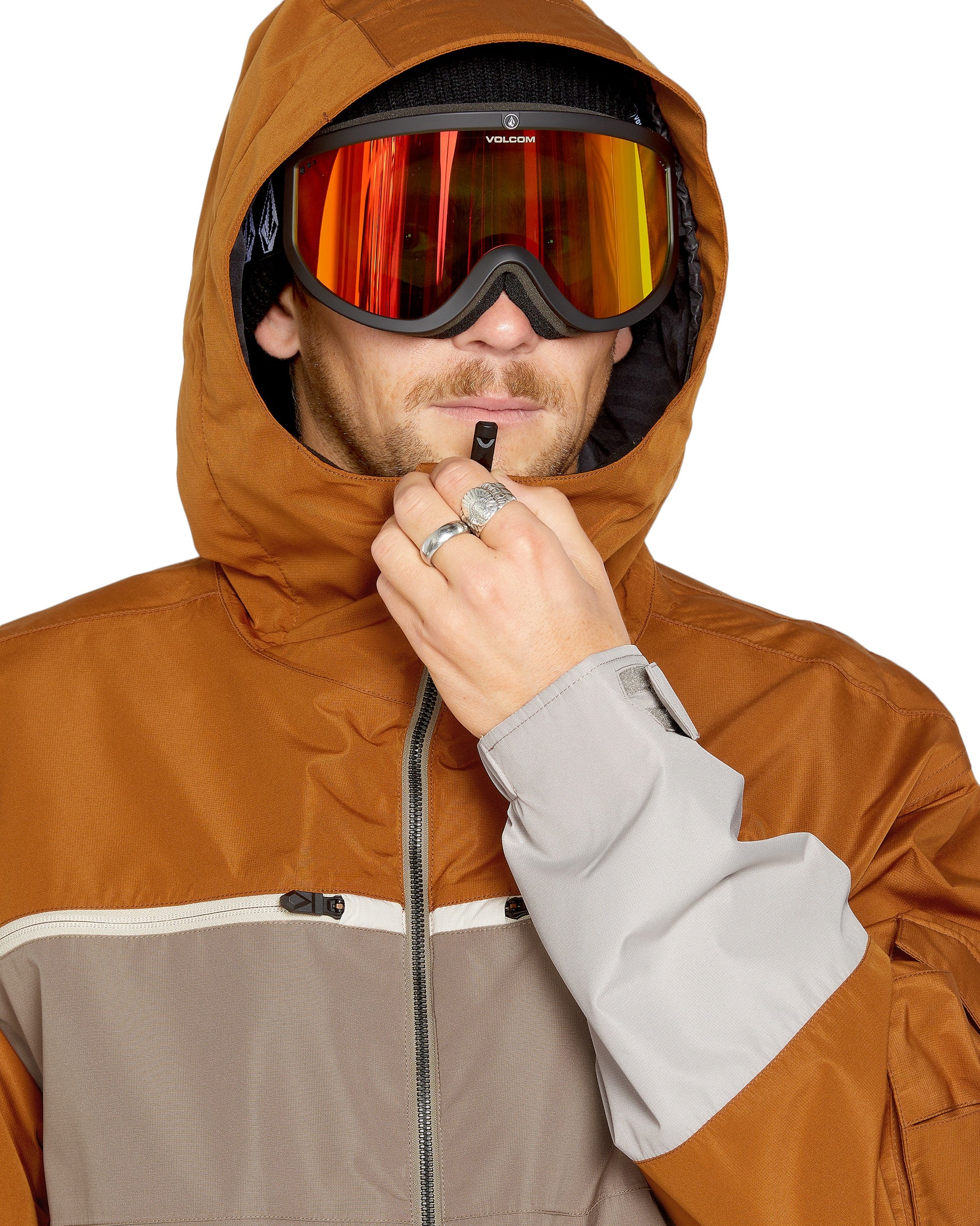 Volcom Nightbreaker 20K Jacket - A brown jacket with a hood, featuring a black zipper and two zippered pockets on the front.