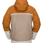 Volcom Nightbreaker 20K Jacket - A tan jacket with a white stripe across the chest and hood, featuring a black logo on the upper right side of the chest.
