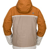 Volcom Nightbreaker 20K Jacket - A tan jacket with a white stripe across the chest and hood, featuring a black logo on the upper right side of the chest.