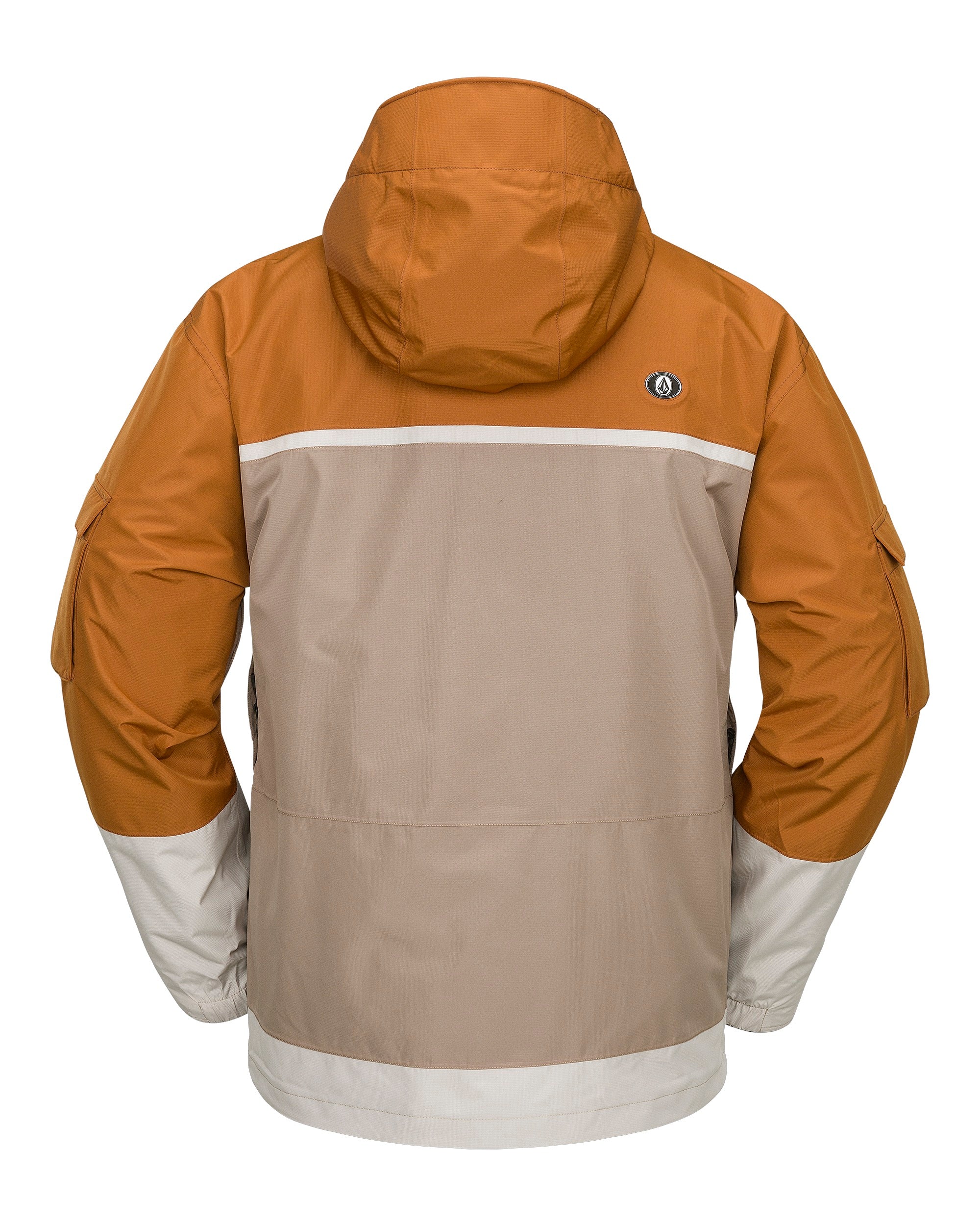 Volcom Nightbreaker 20K Jacket - A tan jacket with a white stripe across the chest and hood, featuring a black logo on the upper right side of the chest.
