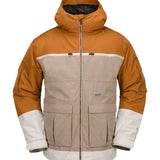 Volcom Nightbreaker 20K Jacket - A tan-colored jacket with a hood, featuring two zippered pockets on the front and a white stripe across the chest.