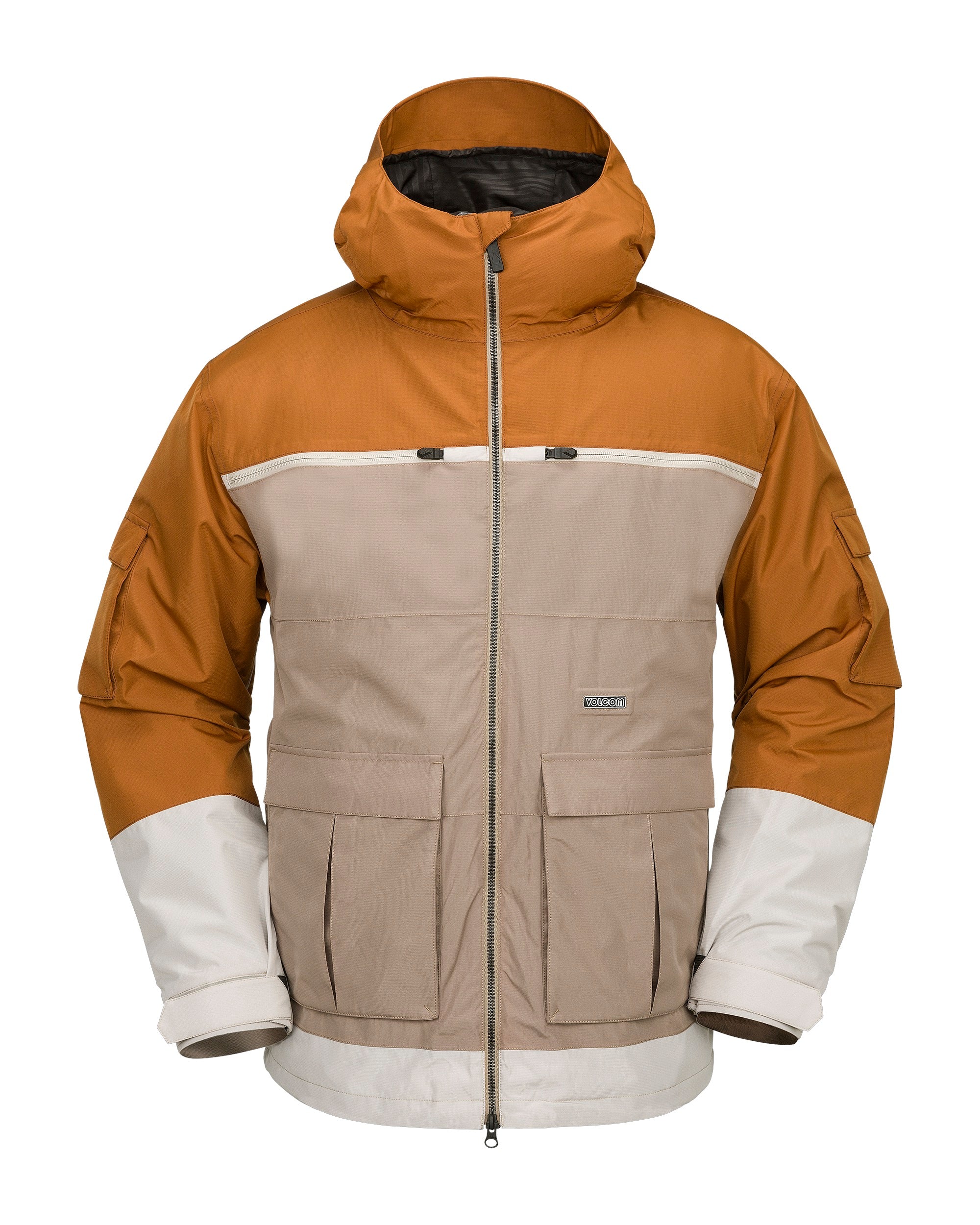 Volcom Nightbreaker 20K Jacket - A tan-colored jacket with a hood, featuring two zippered pockets on the front and a white stripe across the chest.