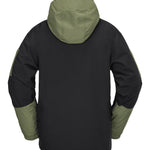 Volcom V.Co WFO Shell Jacket 2025 - A black jacket with a hood and olive green accents on the sleeves, cuffs, and chest pocket.