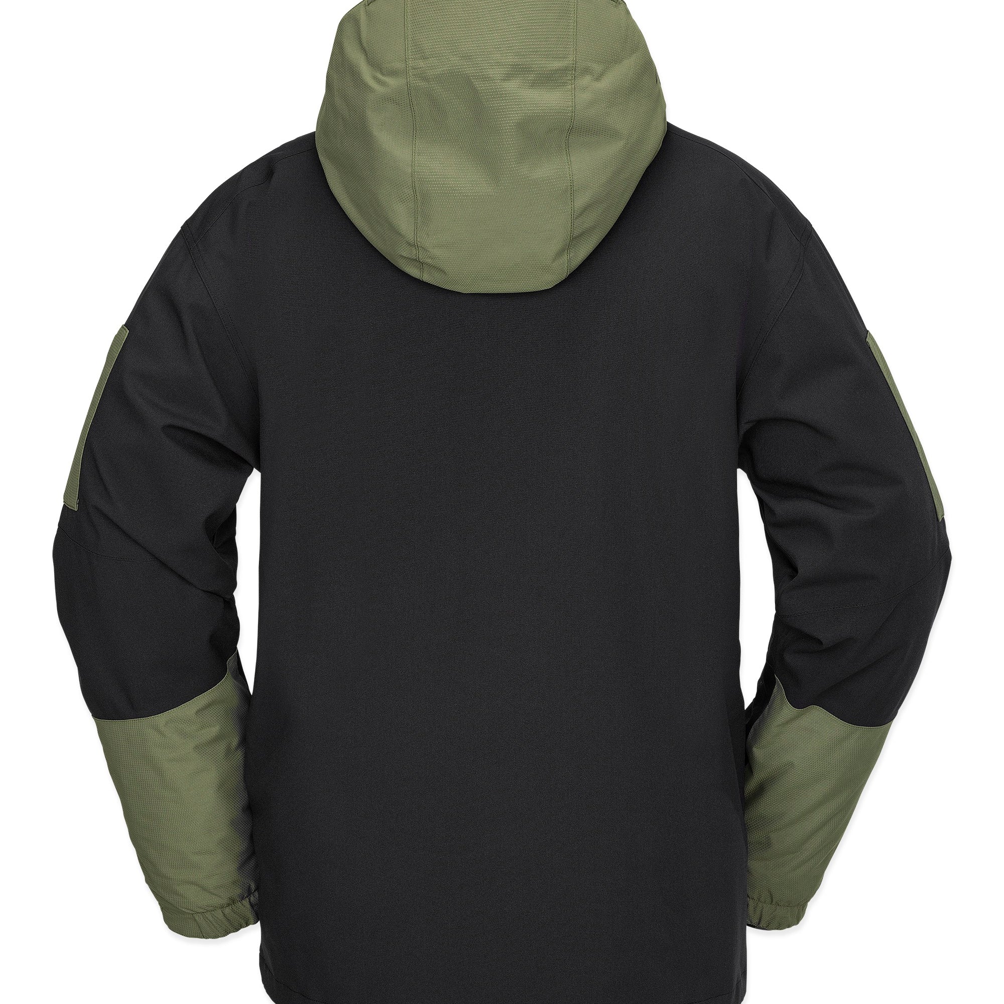 Volcom V.Co WFO Shell Jacket 2025 - A black jacket with a hood and olive green accents on the sleeves, cuffs, and chest pocket.