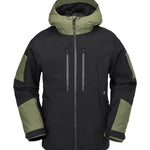 Volcom V.Co WFO Shell Jacket 2025 - A black jacket with a hood, featuring olive green accents on the sleeves and chest.