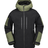 Volcom V.Co WFO Shell Jacket 2025 - A black jacket with a hood, featuring olive green accents on the sleeves and chest.