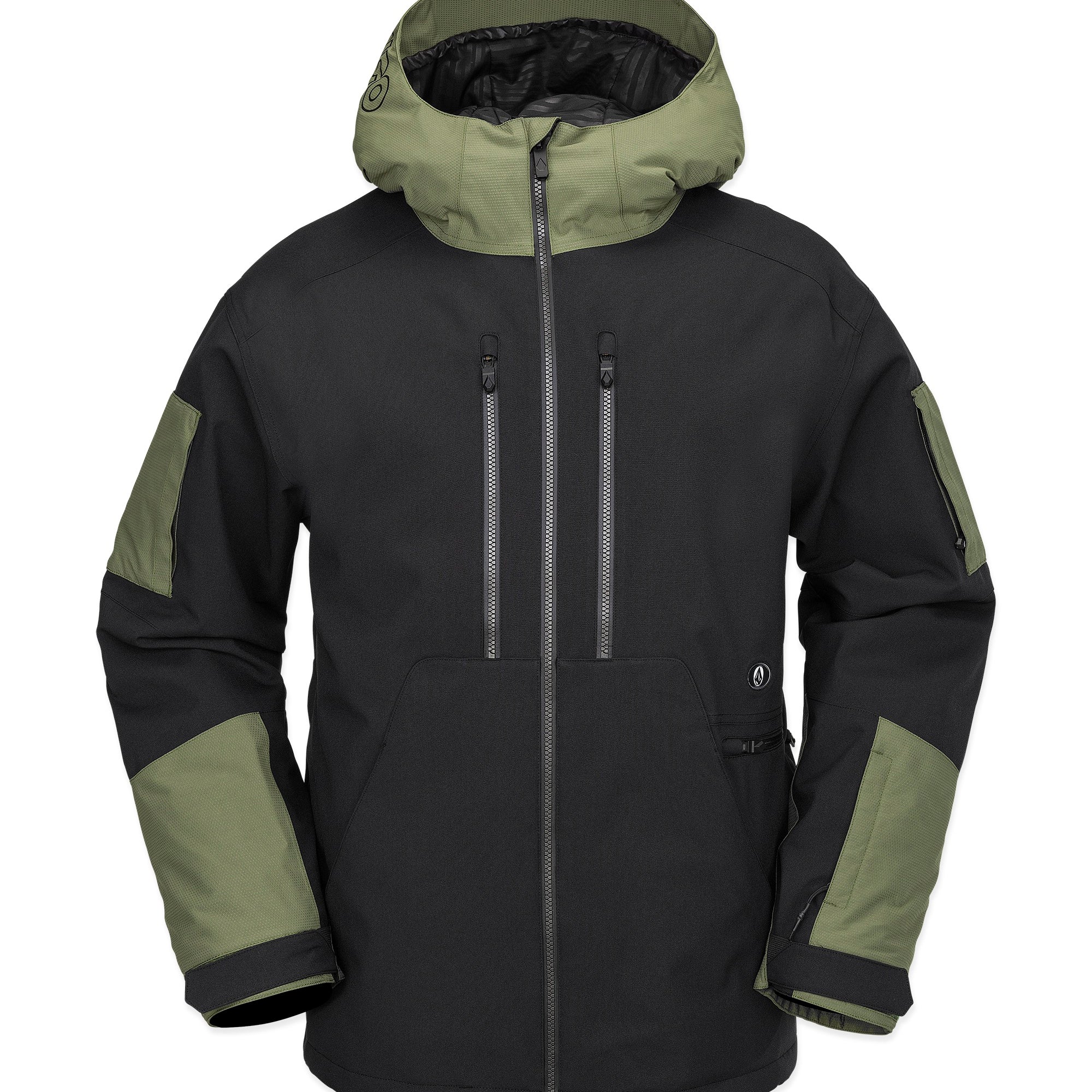 Volcom V.Co WFO Shell Jacket 2025 - A black jacket with a hood, featuring olive green accents on the sleeves and chest.