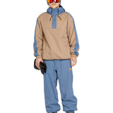 Volcom Longo 20K Pullover Jacket - A tan and blue jacket with a hood, featuring a snap-button placket and two front pockets.