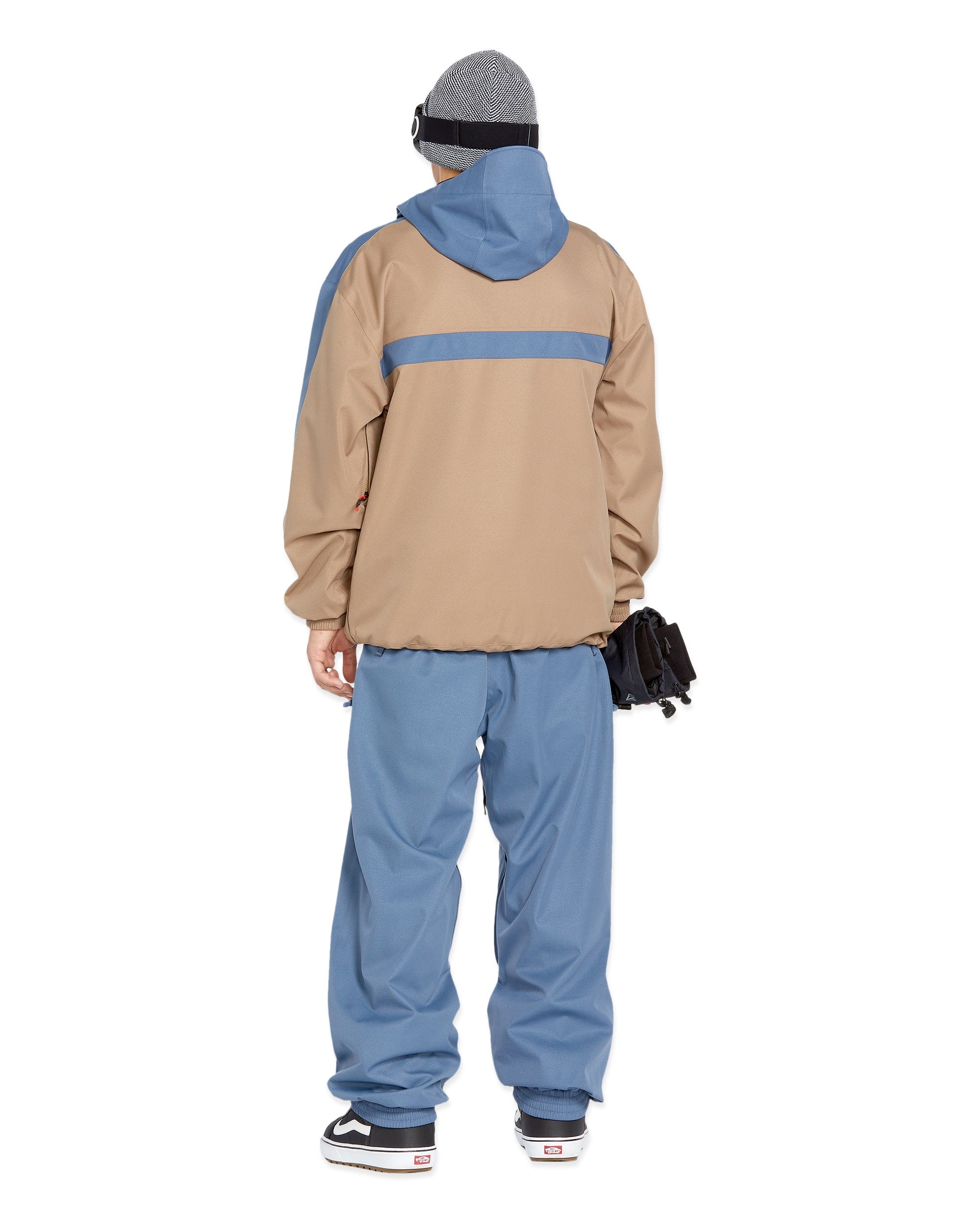 Volcom Longo 20K Pullover Jacket - A tan jacket with a blue stripe across the chest and a hood, featuring a zippered front and two side pockets.