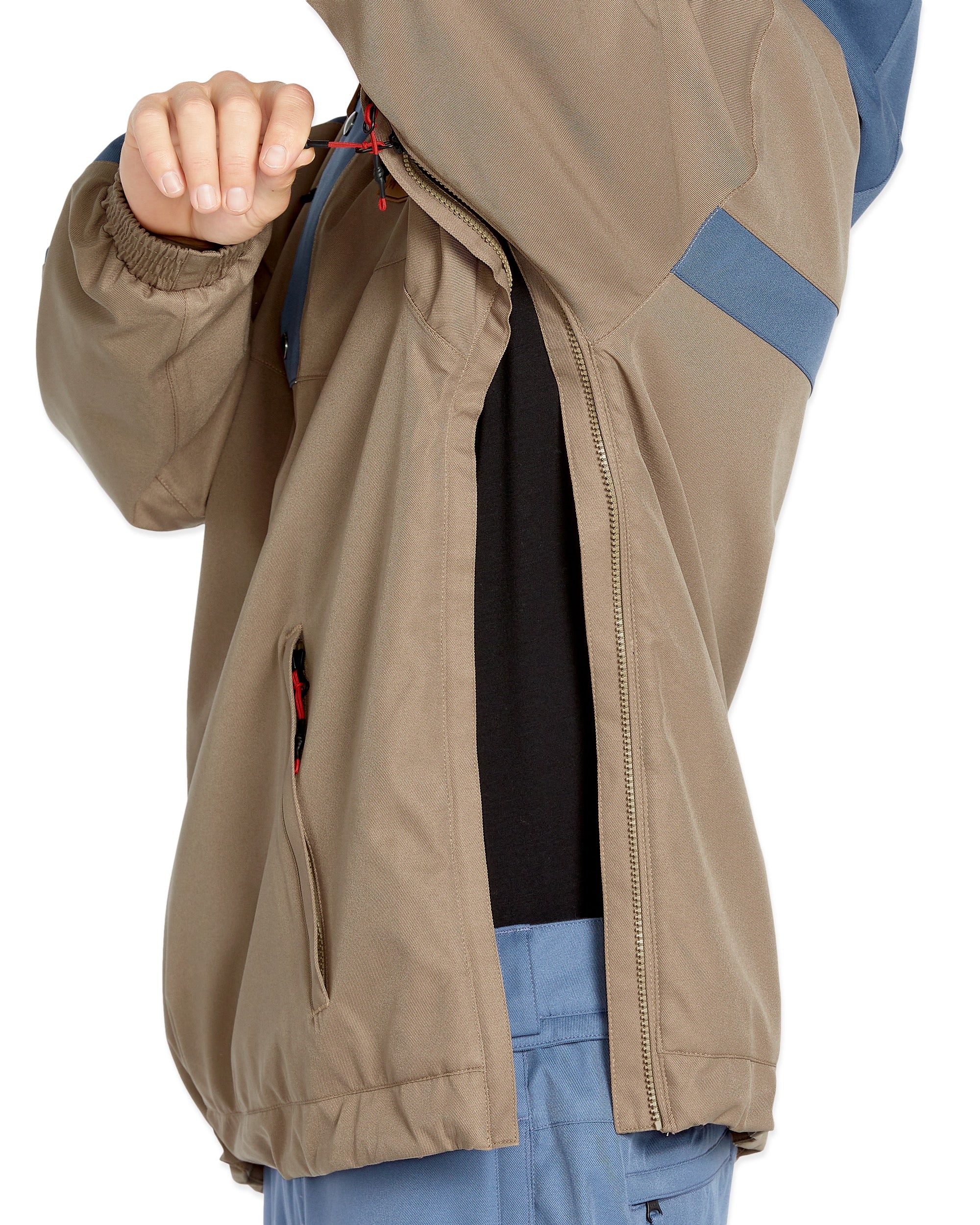 Volcom Longo 20K Pullover Jacket - A tan jacket with a black zipper and red pull tab.