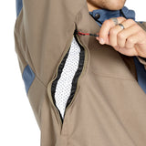Volcom Longo 20K Pullover Jacket - A tan jacket with a blue stripe on the left sleeve and a black zipper.