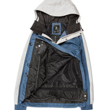 Volcom Longo 20K Pullover Jacket - A blue and white jacket with a hood, featuring a zipper closure and two pockets on either side.