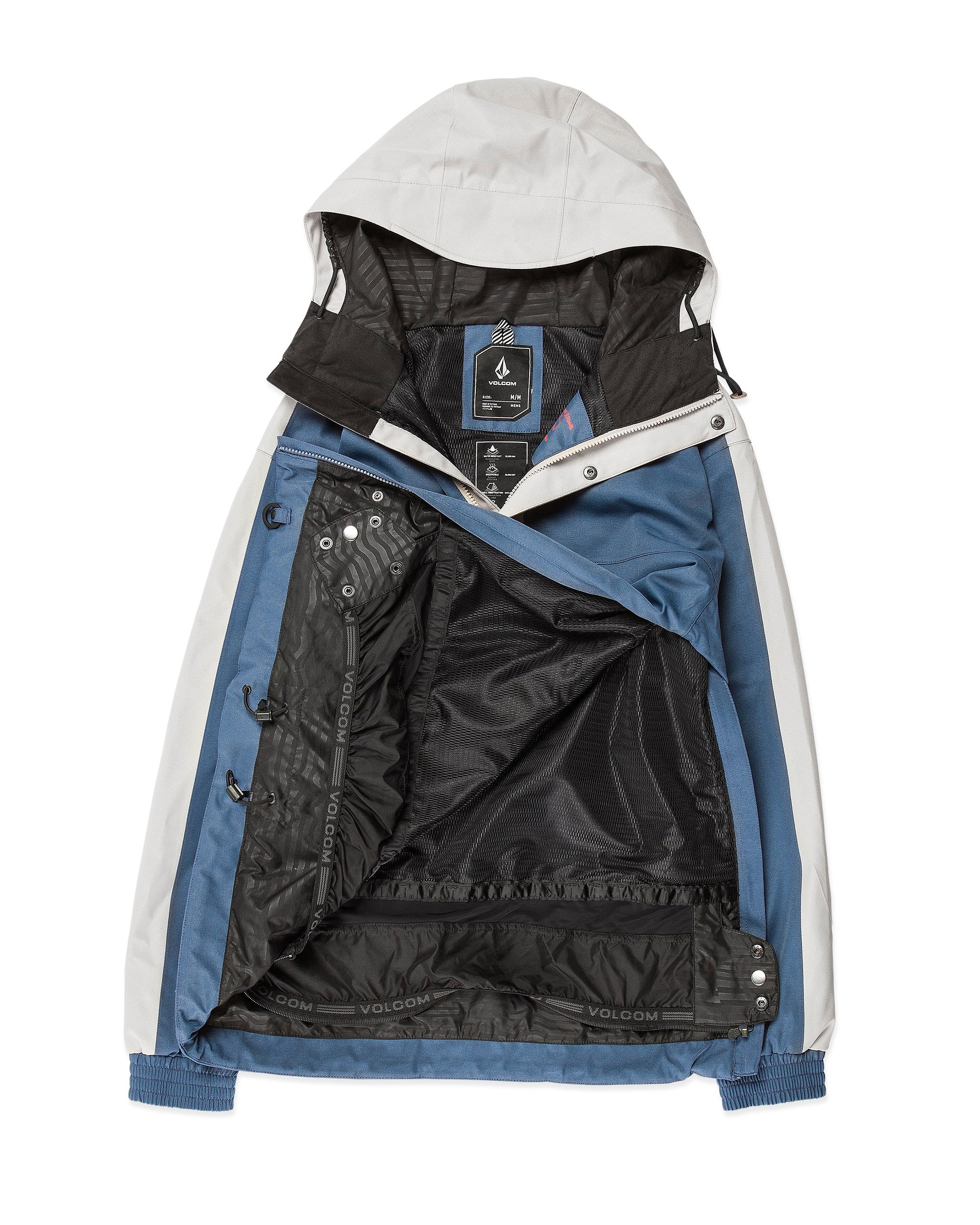Volcom Longo 20K Pullover Jacket - A blue and white jacket with a hood, featuring a zipper closure and two pockets on either side.