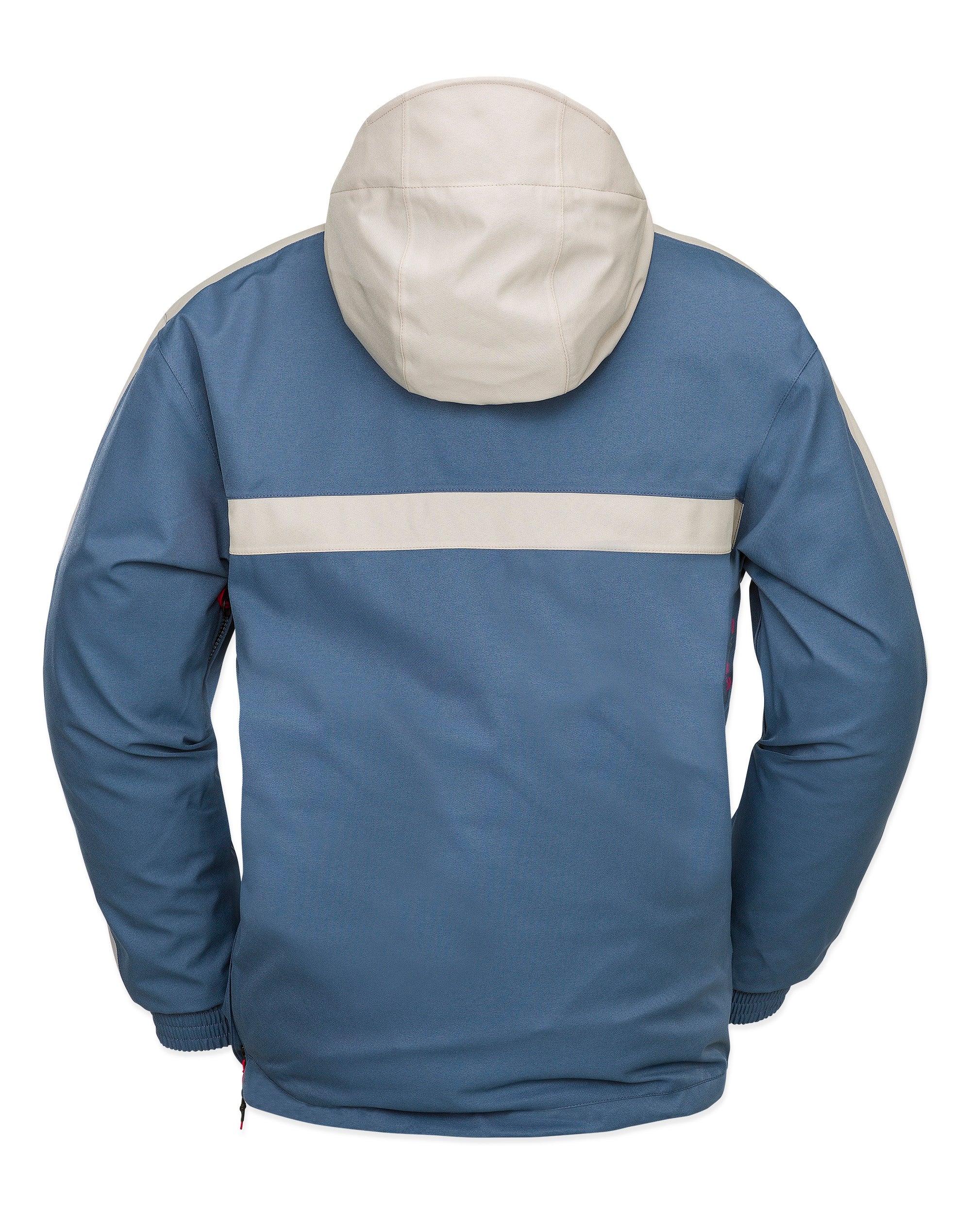 Volcom Longo 20K Pullover Jacket - A blue and white pullover jacket with a hood, featuring a horizontal stripe across the chest in a lighter shade of blue.
