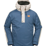 Volcom Longo 20K Pullover Jacket - A blue and white pullover jacket with a hood, featuring a button-up front and two side pockets.